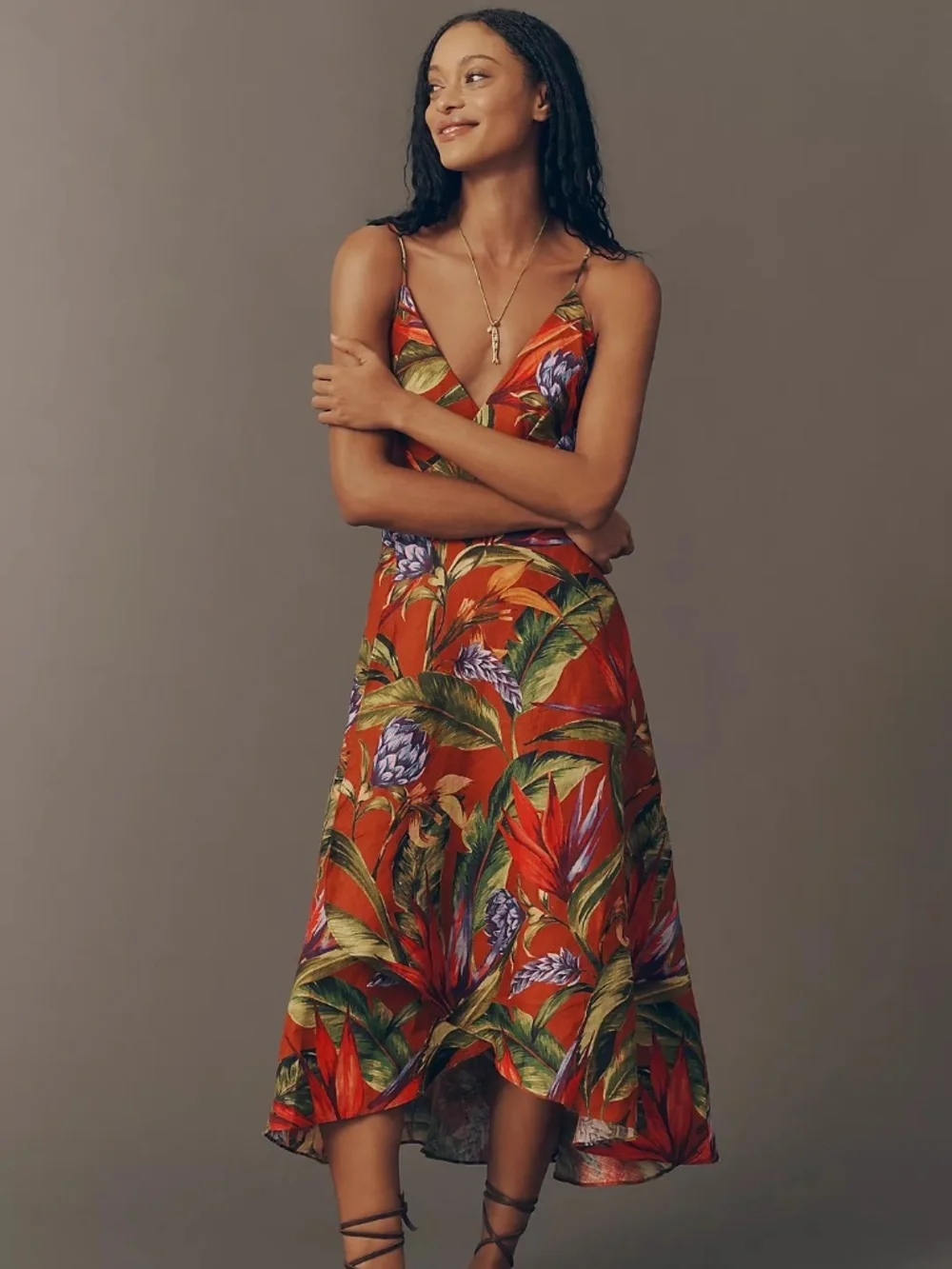 Farm Rio Florart Linen Sleeveless Plunge Midi Dress NWT Small